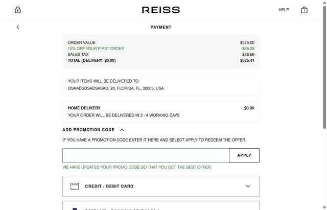 Reiss checkout page showing Reiss promo code box | Screenshot taken by SimplyCodes community member on May 27, 2025