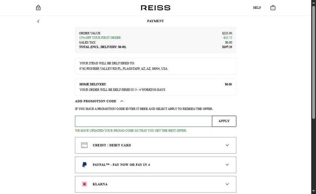 Reiss checkout page showing Reiss promo code box | Screenshot taken by SimplyCodes community member on Jun 30, 2025