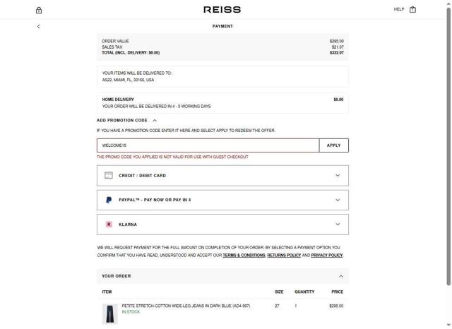 Reiss checkout page showing Reiss promo code box | Screenshot taken by SimplyCodes community member on Aug 23, 2025