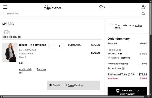Reitmans checkout page showing Reitmans promo code box | Screenshot taken by SimplyCodes community member on Sep 9, 2025