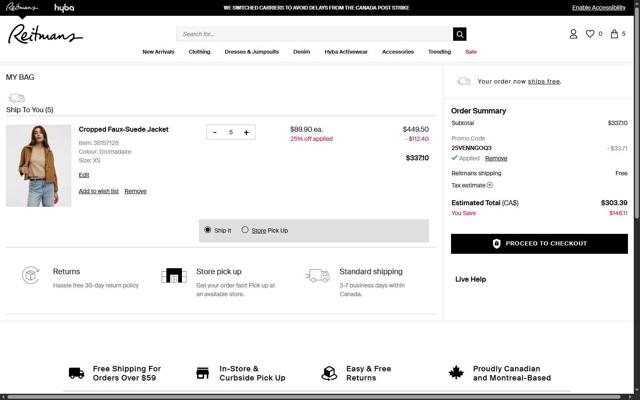 Reitmans checkout page showing Reitmans promo code box | Screenshot taken by SimplyCodes community member on Sep 2, 2025