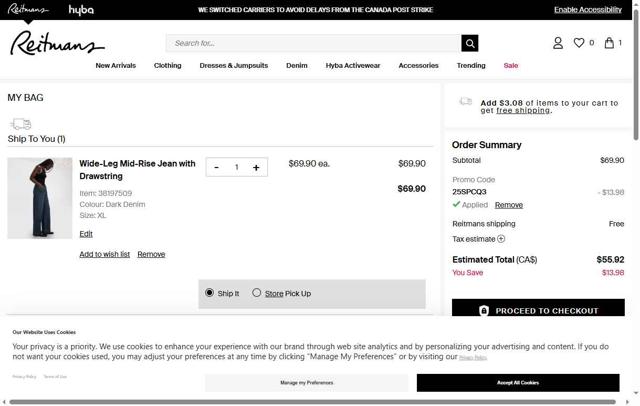 Reitmans checkout page showing Reitmans promo code box | Screenshot taken by SimplyCodes community member on Sep 6, 2025