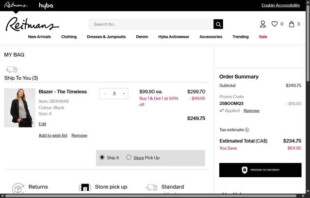 Reitmans checkout page showing Reitmans promo code box | Screenshot taken by SimplyCodes community member on Sep 8, 2025