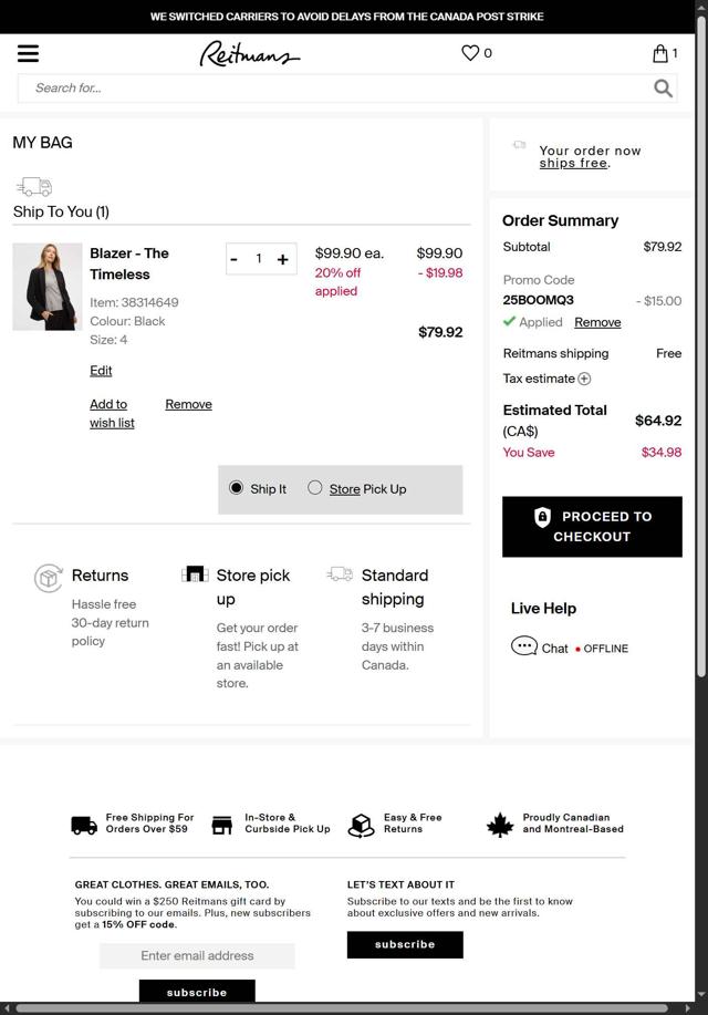 Reitmans checkout page showing Reitmans promo code box | Screenshot taken by SimplyCodes community member on Sep 13, 2025