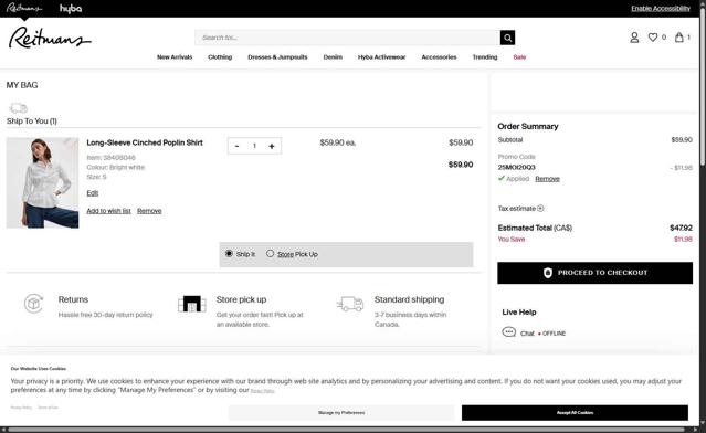 Reitmans checkout page showing Reitmans promo code box | Screenshot taken by SimplyCodes community member on Sep 11, 2025