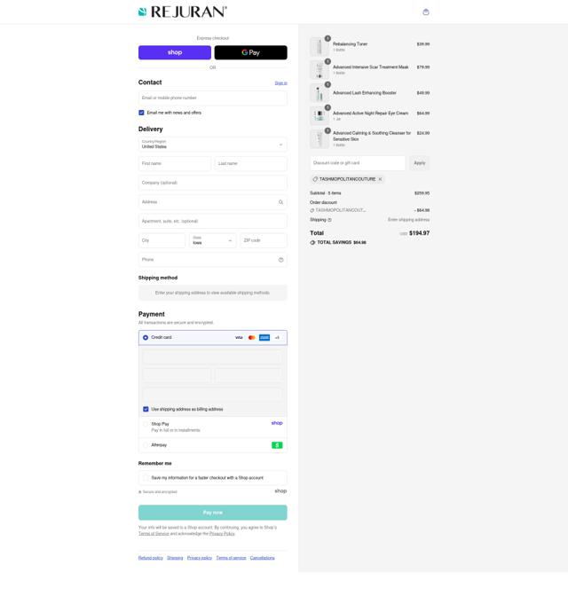 Rejuran checkout page showing Rejuran promo code box | Screenshot taken by SimplyCodes community member on Sep 12, 2025