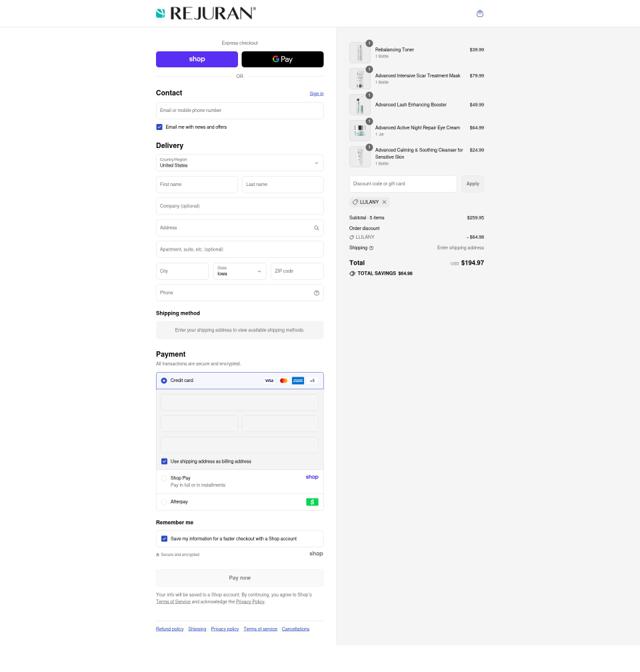 Rejuran checkout page showing Rejuran promo code box | Screenshot taken by SimplyCodes community member on Sep 12, 2025