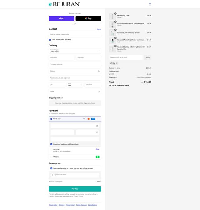 Rejuran checkout page showing Rejuran promo code box | Screenshot taken by SimplyCodes community member on Sep 12, 2025