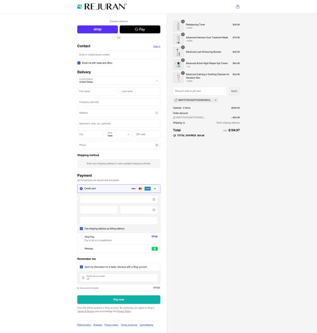 Rejuran checkout page showing Rejuran promo code box | Screenshot taken by SimplyCodes community member on Sep 12, 2025