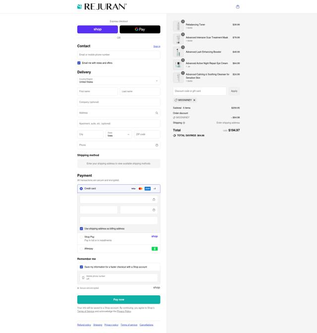Rejuran checkout page showing Rejuran promo code box | Screenshot taken by SimplyCodes community member on Sep 12, 2025