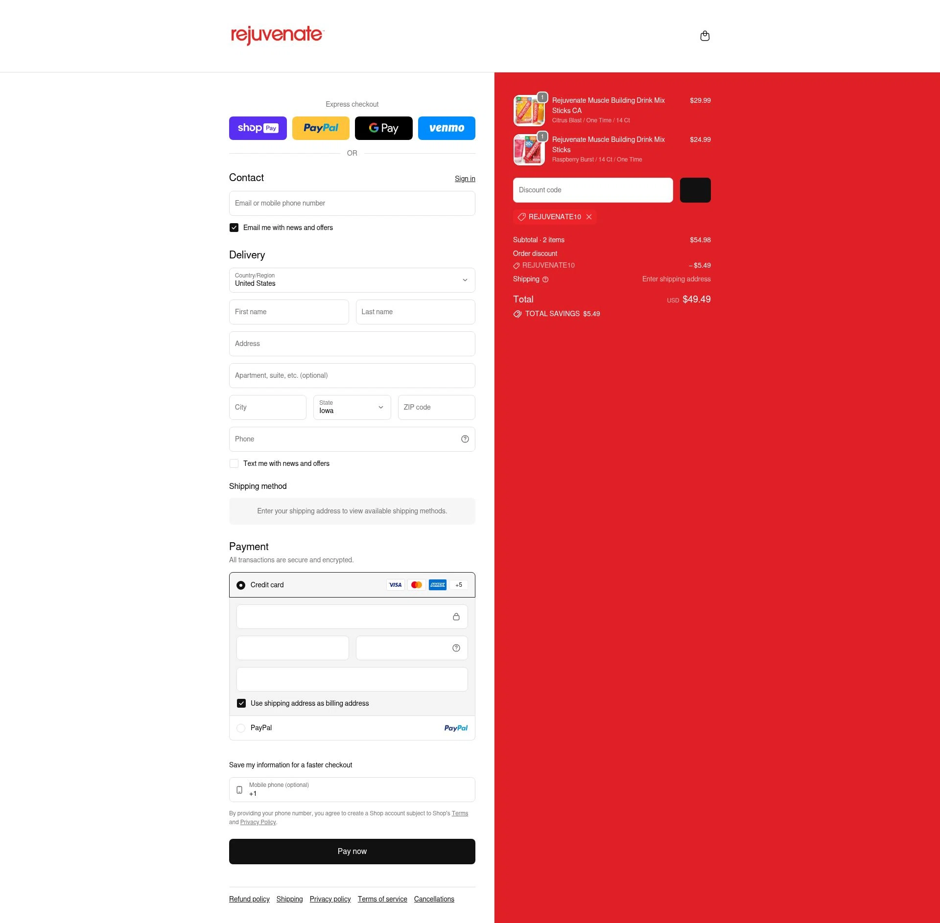 Rejuvenate Muscle Health checkout page showing Rejuvenate Muscle Health promo code box | Screenshot taken by SimplyCodes community member on Jan 7, 2026