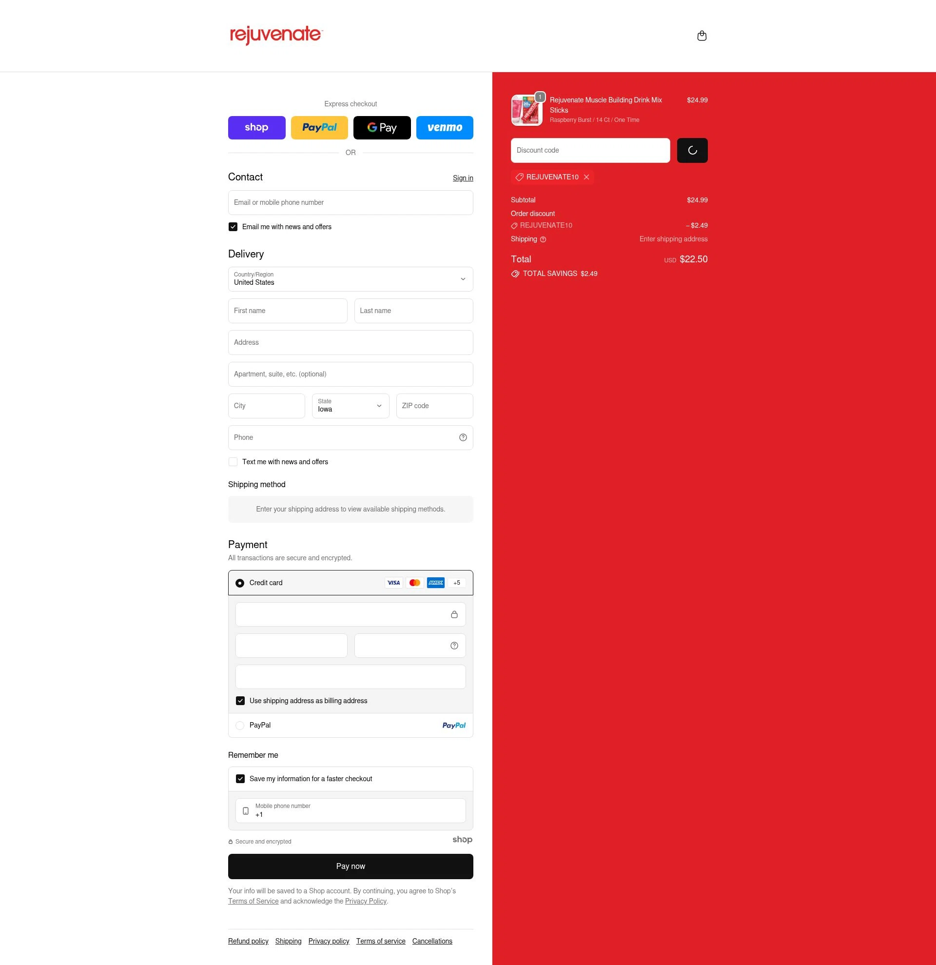 Rejuvenate Muscle Health checkout page showing Rejuvenate Muscle Health promo code box | Screenshot taken by SimplyCodes community member on Jan 2, 2026