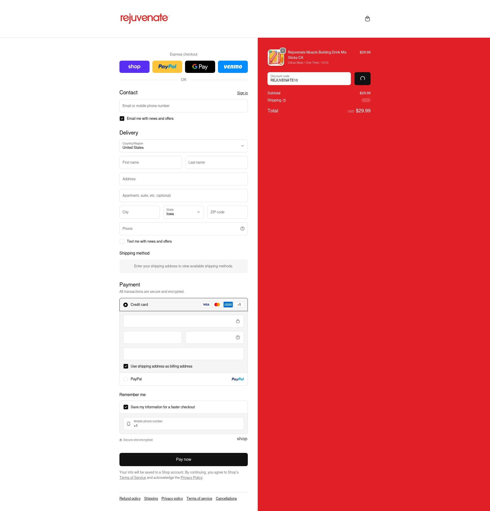Rejuvenate Muscle Health checkout page showing Rejuvenate Muscle Health promo code box | Screenshot taken by SimplyCodes community member on Jan 27, 2026