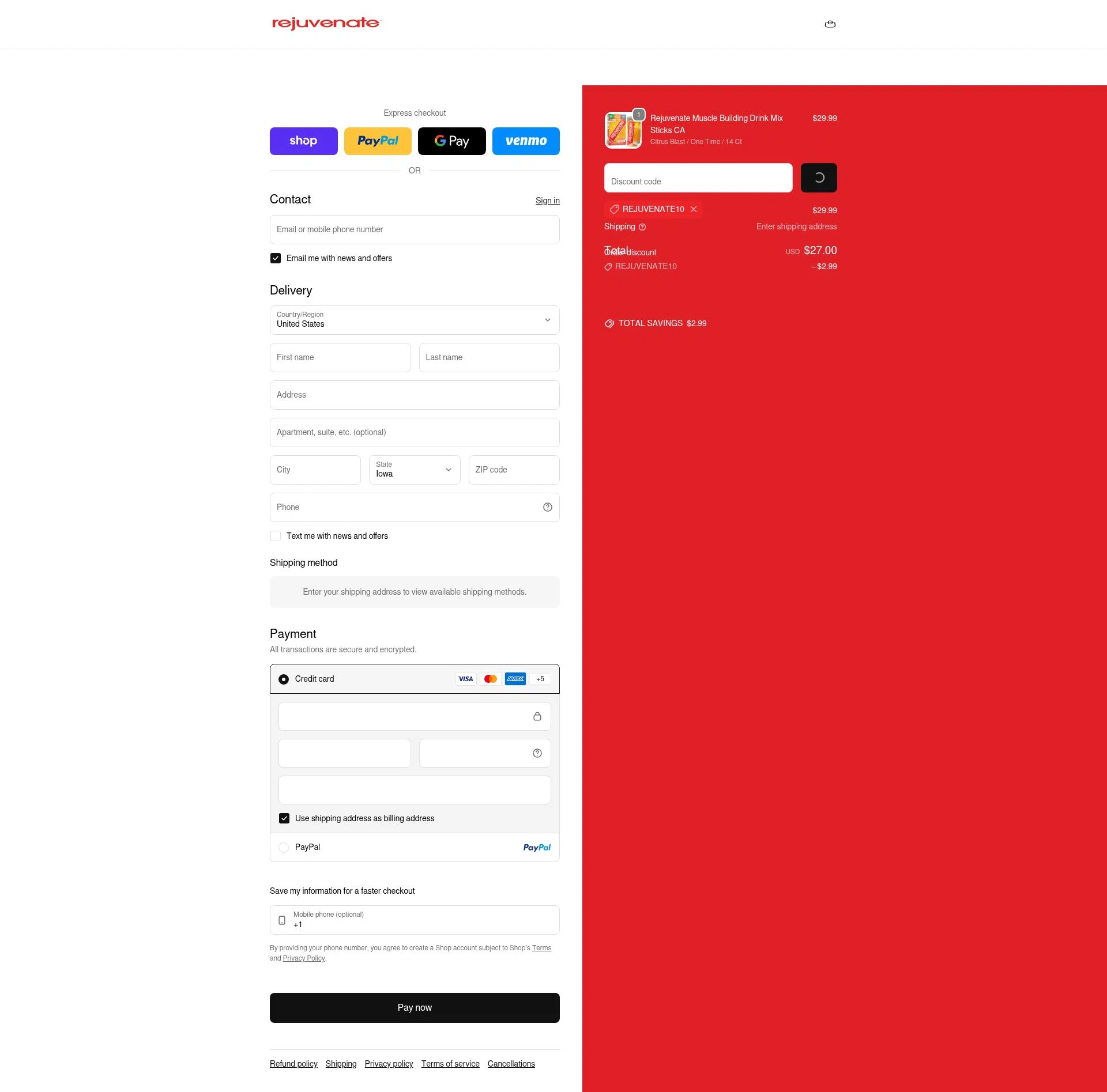 Rejuvenate Muscle Health checkout page showing Rejuvenate Muscle Health promo code box | Screenshot taken by SimplyCodes community member on Feb 5, 2026