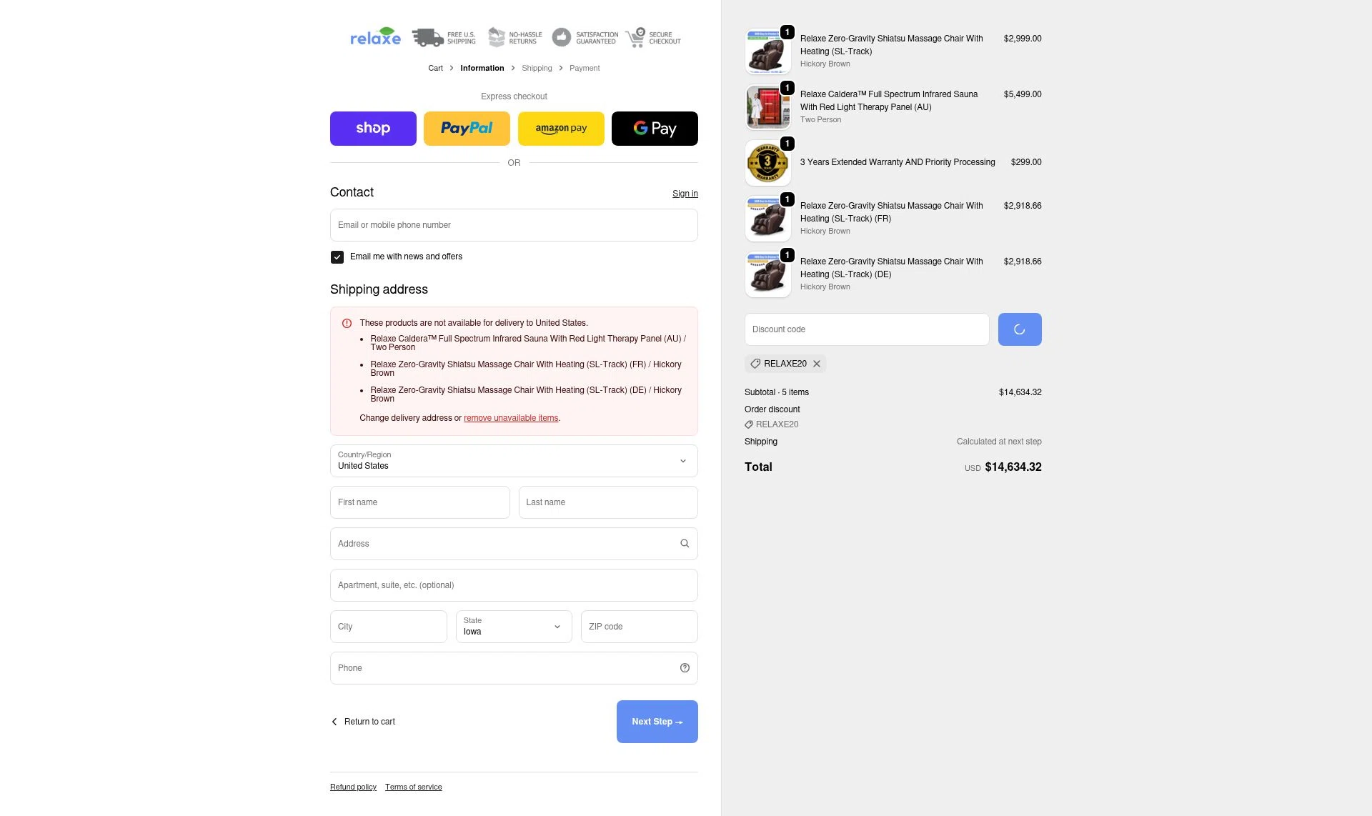 Relaxe checkout page showing Relaxe discount code box | Screenshot taken by SimplyCodes community member on Feb 5, 2026