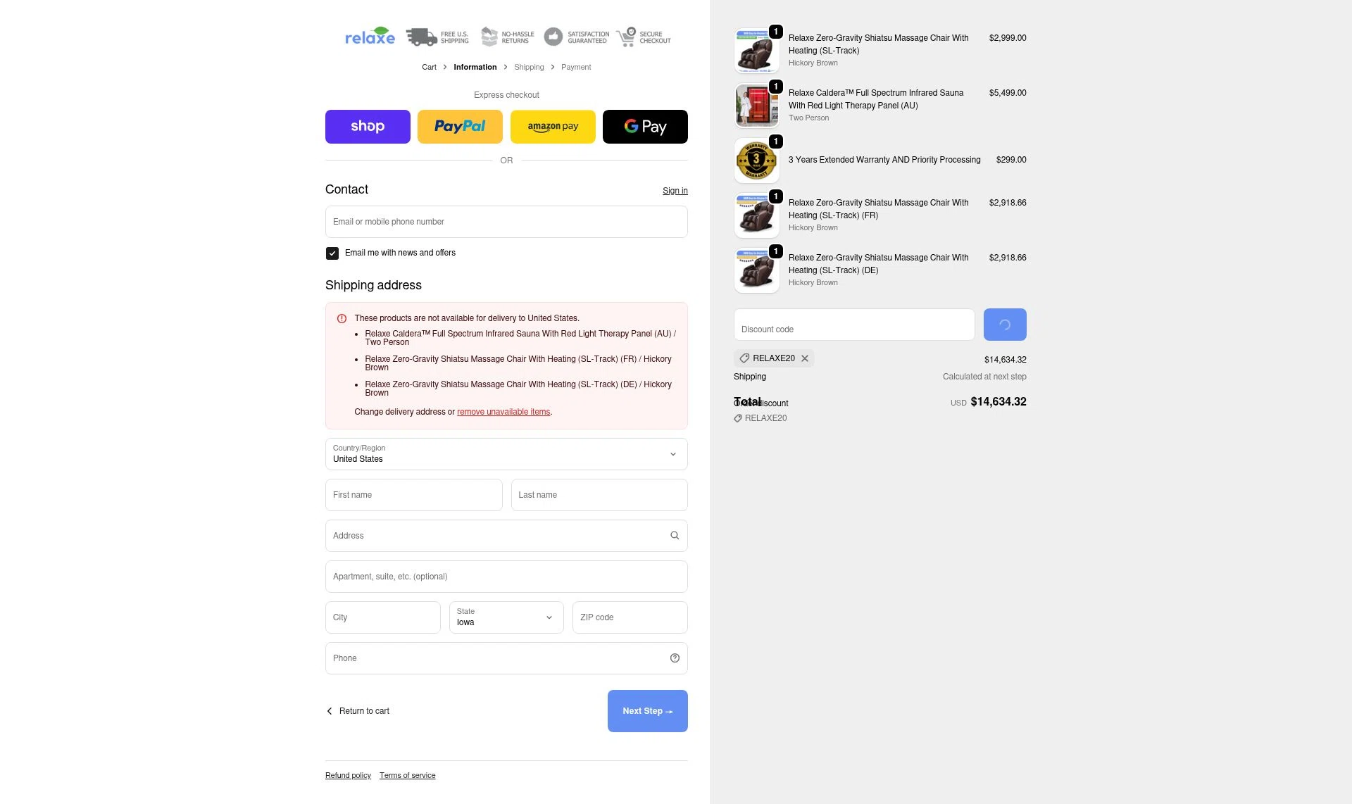 Relaxe checkout page showing Relaxe discount code box | Screenshot taken by SimplyCodes community member on Feb 1, 2026