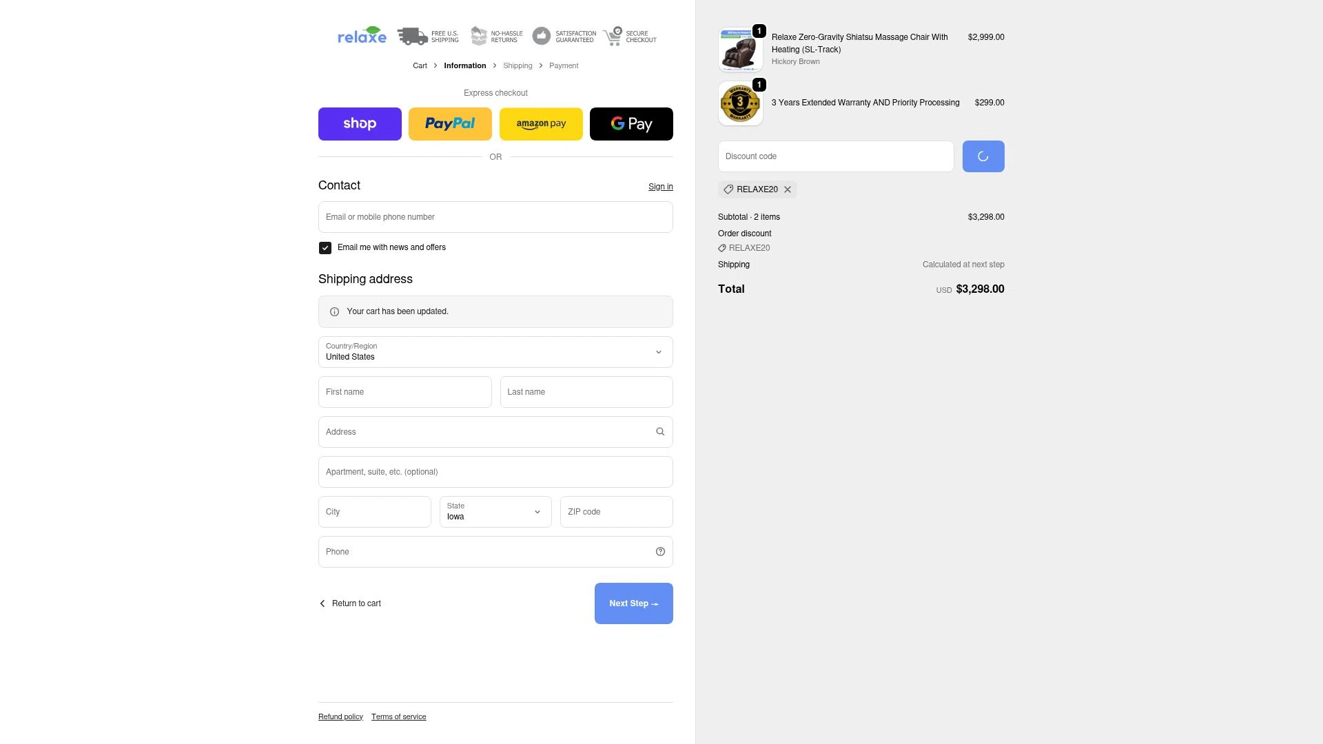 Relaxe checkout page showing Relaxe discount code box | Screenshot taken by SimplyCodes community member on Jan 27, 2026
