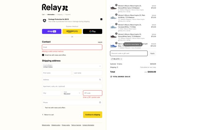 Relay Goods checkout page showing Relay Goods discount code box | Screenshot taken by SimplyCodes community member on May 20, 2025