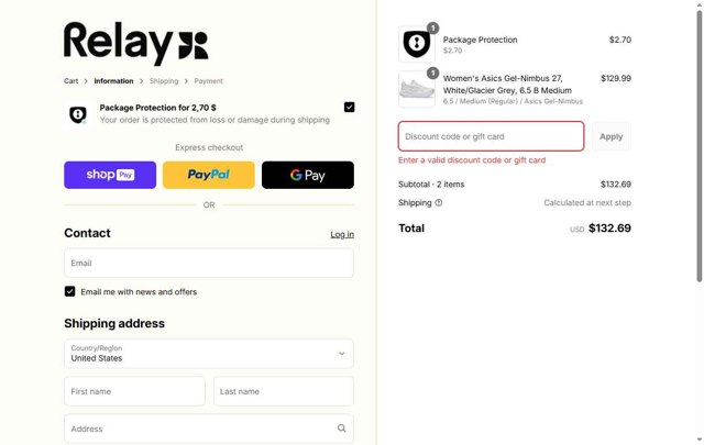 Relay Goods checkout page showing Relay Goods discount code box | Screenshot taken by SimplyCodes community member on Jul 30, 2025