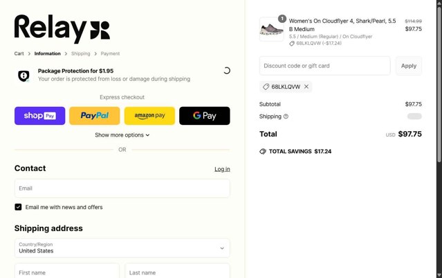 Relay Goods checkout page showing Relay Goods discount code box | Screenshot taken by SimplyCodes community member on Jun 21, 2025