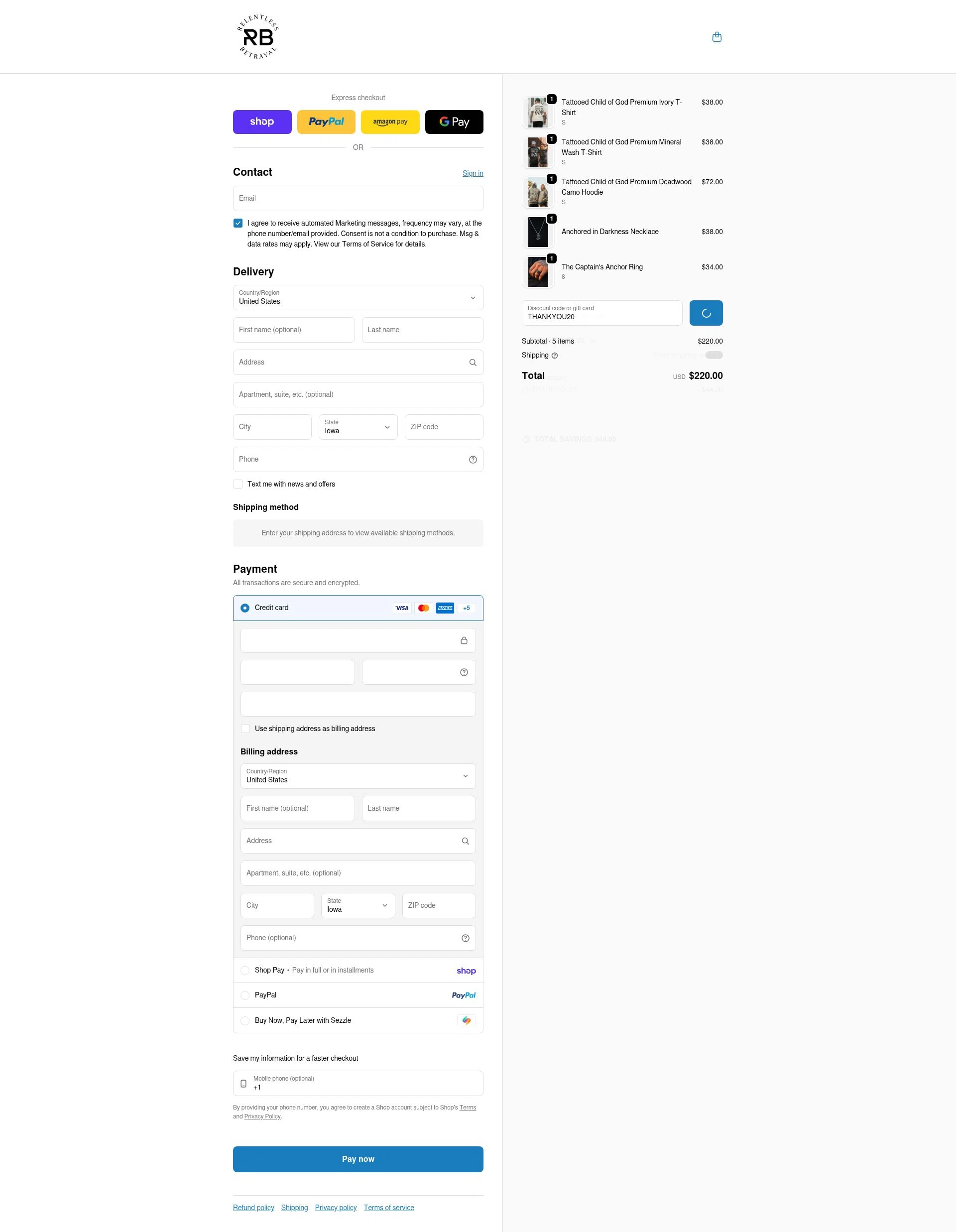 Relentless Betrayal checkout page showing Relentless Betrayal discount code box | Screenshot taken by SimplyCodes community member on Feb 24, 2026