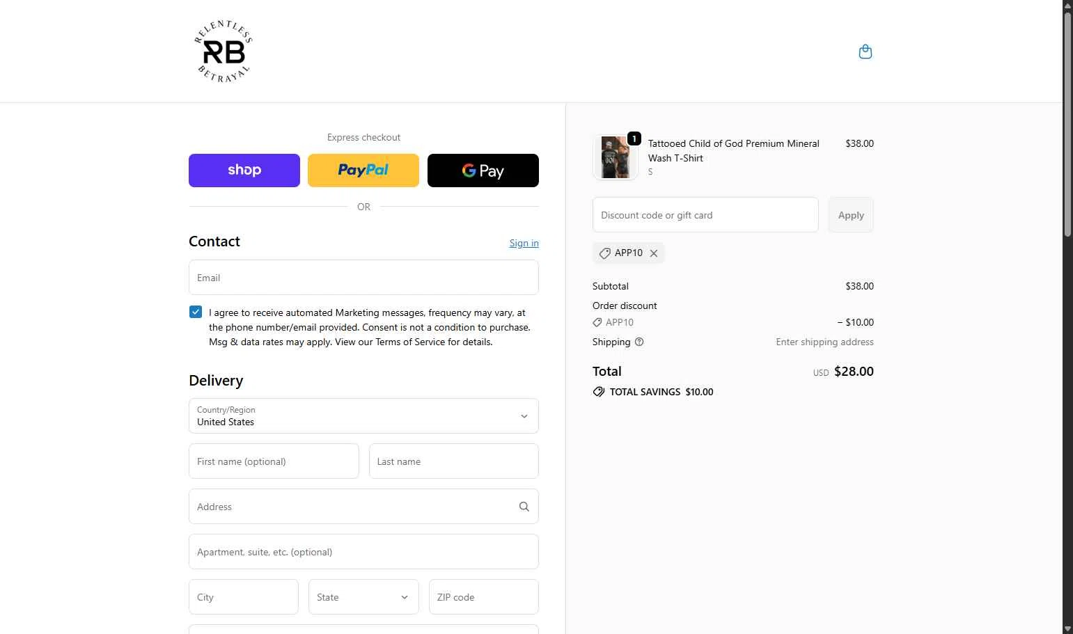 Relentless Betrayal checkout page showing Relentless Betrayal discount code box | Screenshot taken by SimplyCodes community member on Feb 24, 2026