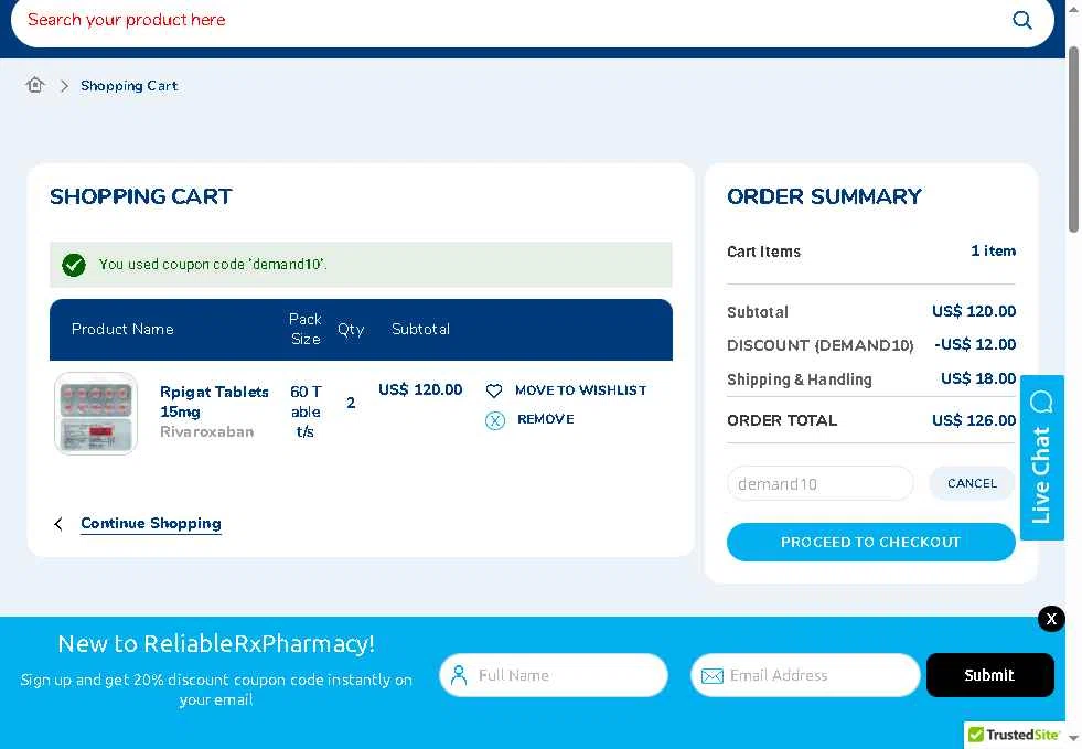 Reliable Rx Pharmacy checkout page showing Reliable Rx Pharmacy coupon code box | Screenshot taken by SimplyCodes community member on Apr 21, 2025