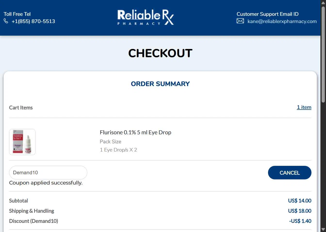 Reliable Rx Pharmacy checkout page showing Reliable Rx Pharmacy coupon code box | Screenshot taken by SimplyCodes community member on Jun 26, 2025