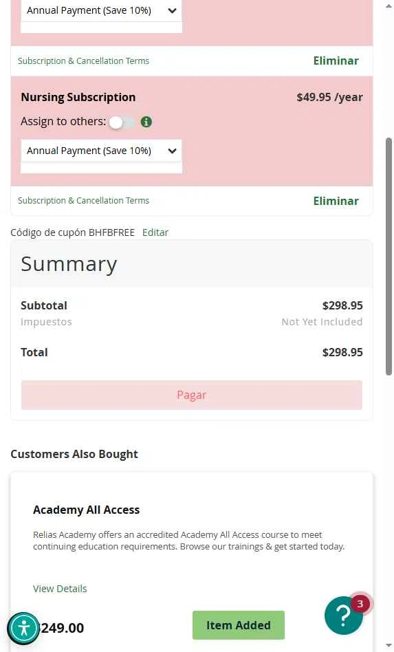 Relias Academy checkout page showing Relias Academy promo code box | Screenshot taken by SimplyCodes community member on Apr 24, 2025