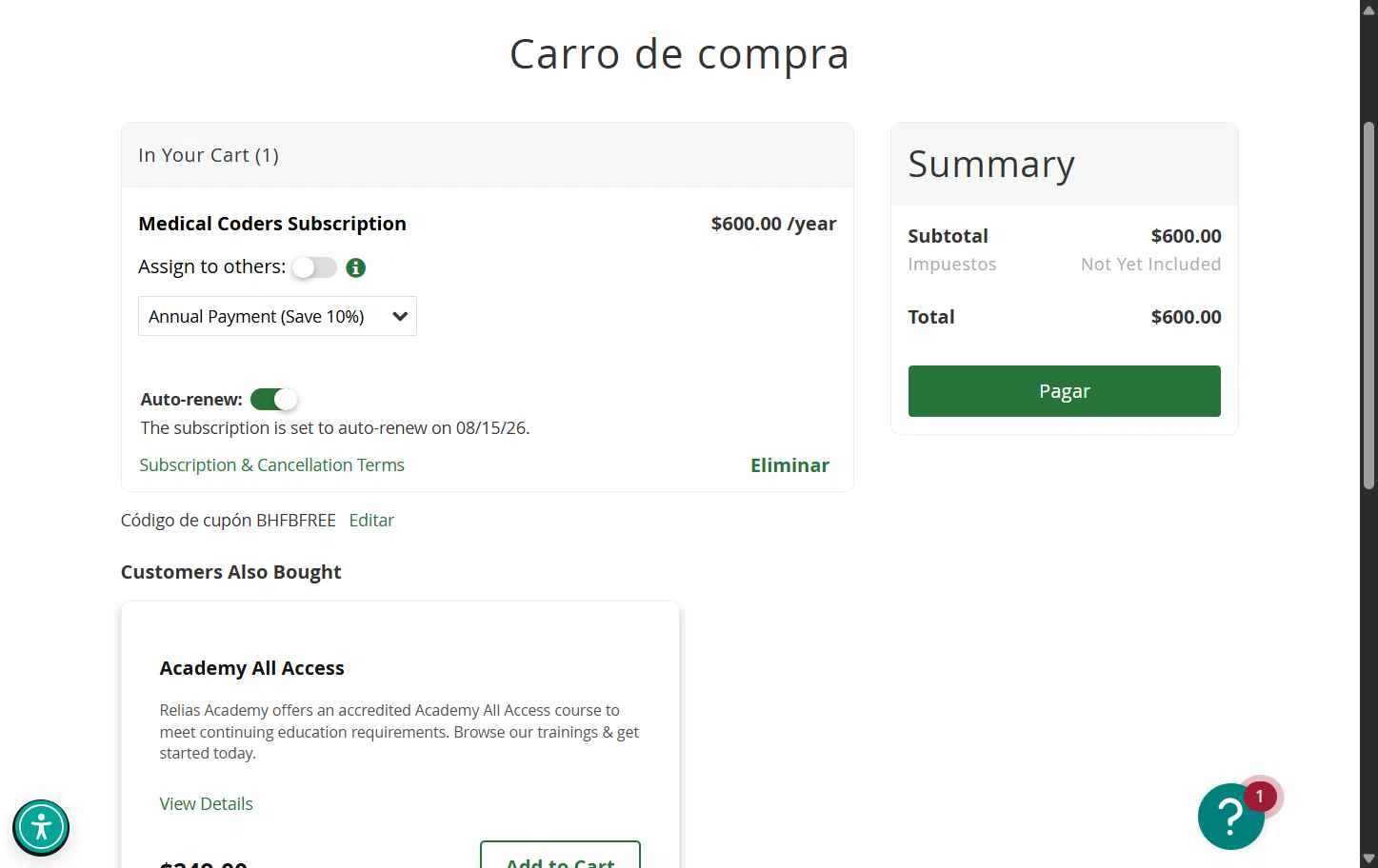 Relias Academy checkout page showing Relias Academy promo code box | Screenshot taken by SimplyCodes community member on Aug 15, 2025