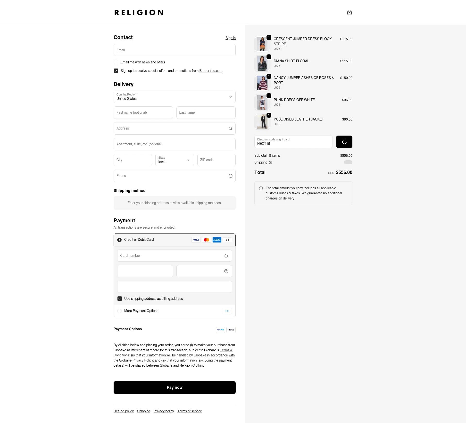 Religion Clothing checkout page showing Religion Clothing promo code box | Screenshot taken by SimplyCodes community member on Feb 13, 2026