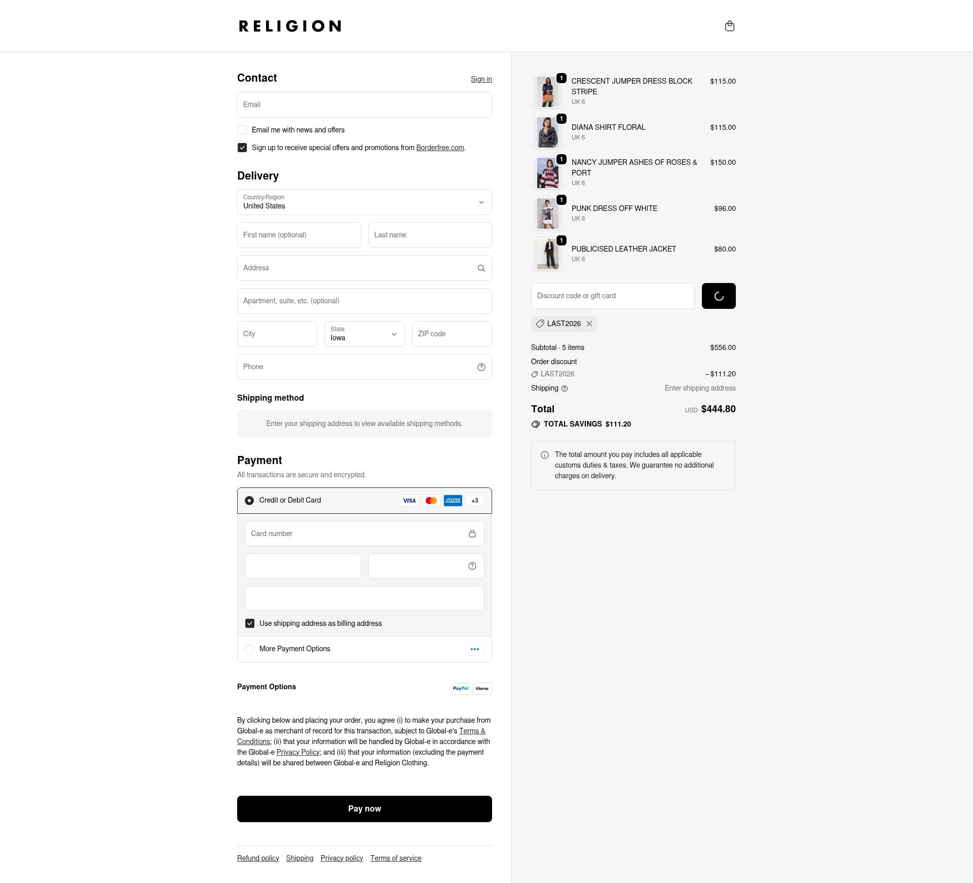 Religion Clothing checkout page showing Religion Clothing promo code box | Screenshot taken by SimplyCodes community member on Feb 13, 2026