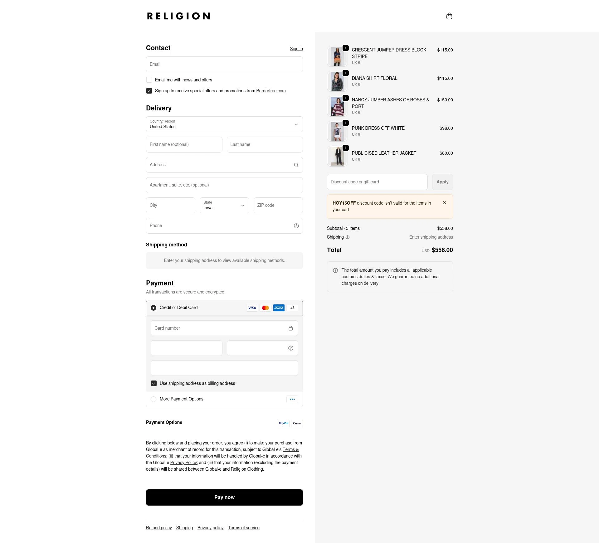 Religion Clothing checkout page showing Religion Clothing promo code box | Screenshot taken by SimplyCodes community member on Feb 13, 2026
