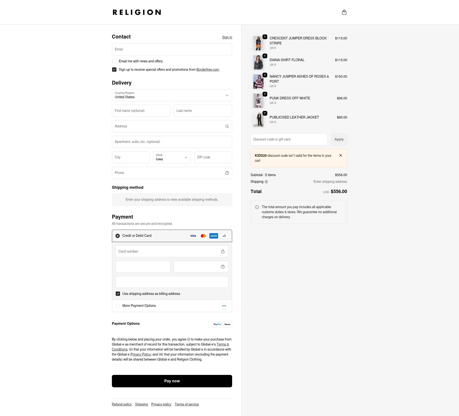 Religion Clothing checkout page showing Religion Clothing promo code box | Screenshot taken by SimplyCodes community member on Feb 13, 2026