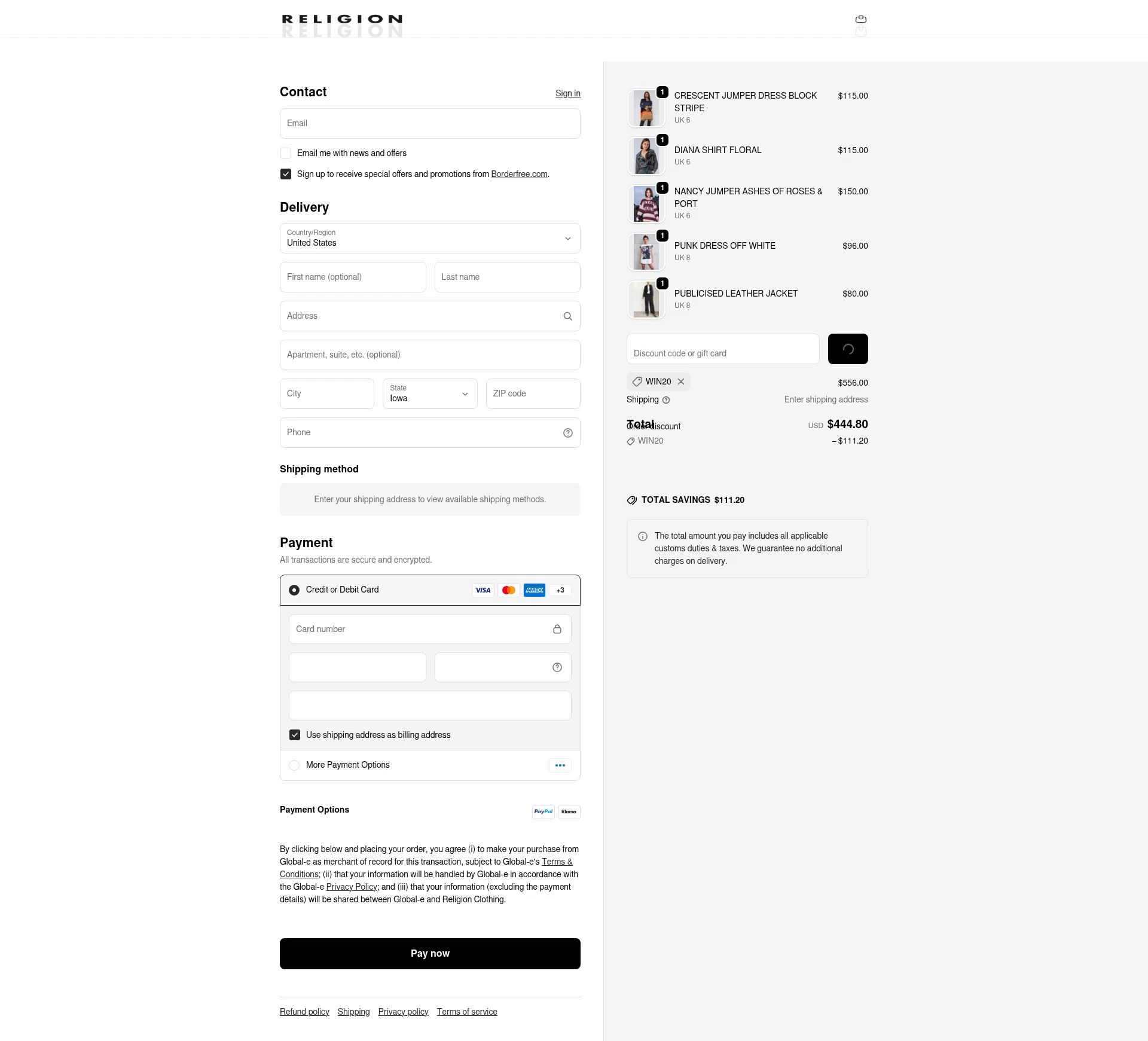 Religion Clothing checkout page showing Religion Clothing promo code box | Screenshot taken by SimplyCodes community member on Feb 13, 2026