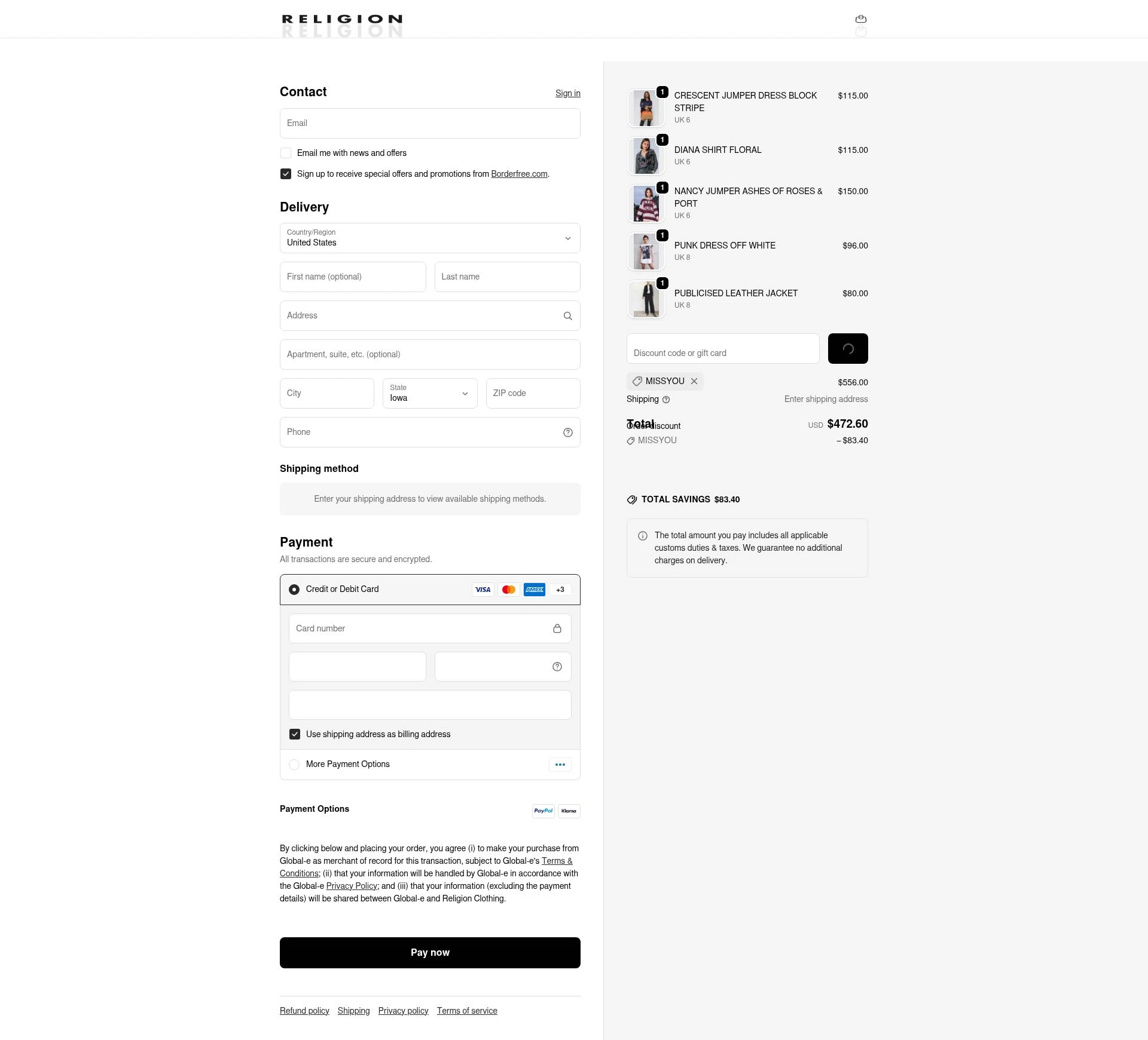 Religion Clothing checkout page showing Religion Clothing promo code box | Screenshot taken by SimplyCodes community member on Feb 13, 2026