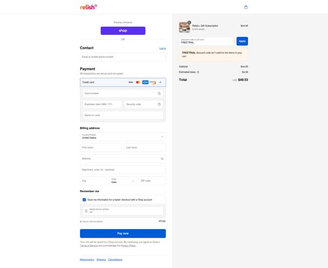 Relish checkout page showing Relish coupon code box | Screenshot taken by SimplyCodes community member on Sep 3, 2025