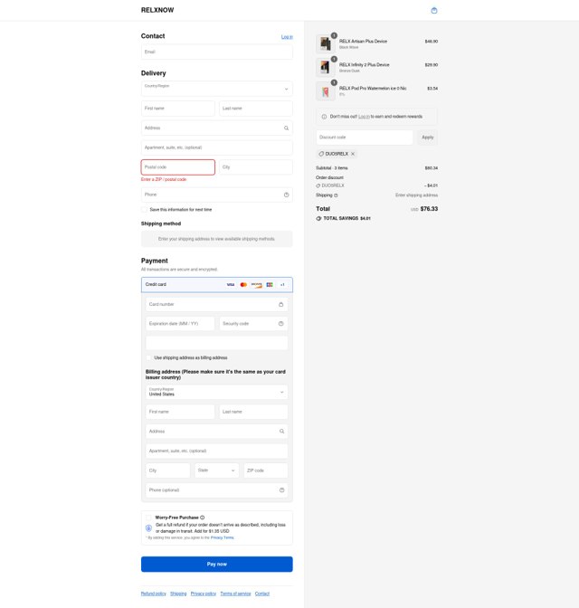 Relx checkout page showing Relx promo code box | Screenshot taken by SimplyCodes community member on Sep 8, 2025