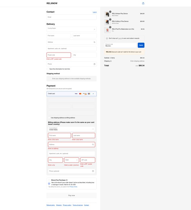 Relx checkout page showing Relx promo code box | Screenshot taken by SimplyCodes community member on Sep 8, 2025