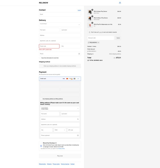 Relx checkout page showing Relx promo code box | Screenshot taken by SimplyCodes community member on Sep 3, 2025