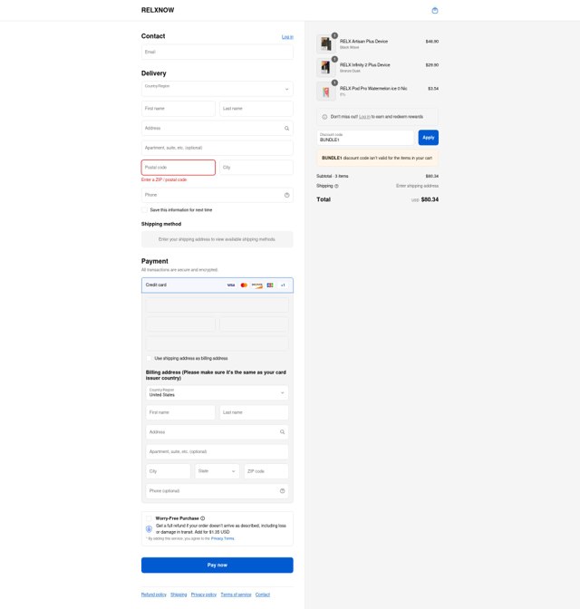 Relx checkout page showing Relx promo code box | Screenshot taken by SimplyCodes community member on Sep 8, 2025
