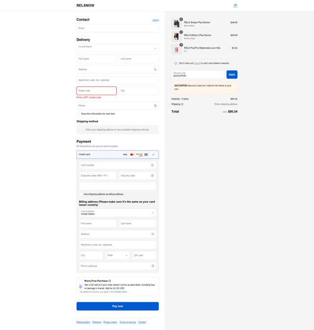 Relx checkout page showing Relx promo code box | Screenshot taken by SimplyCodes community member on Sep 8, 2025