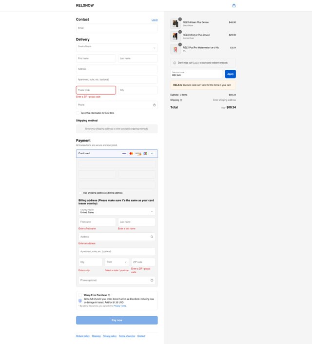 Relx checkout page showing Relx promo code box | Screenshot taken by SimplyCodes community member on Sep 3, 2025