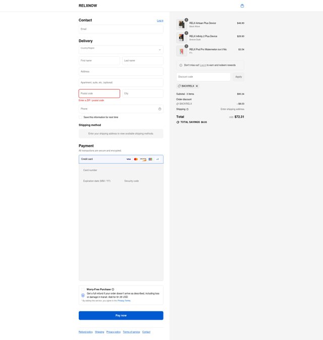 Relx checkout page showing Relx promo code box | Screenshot taken by SimplyCodes community member on Sep 3, 2025