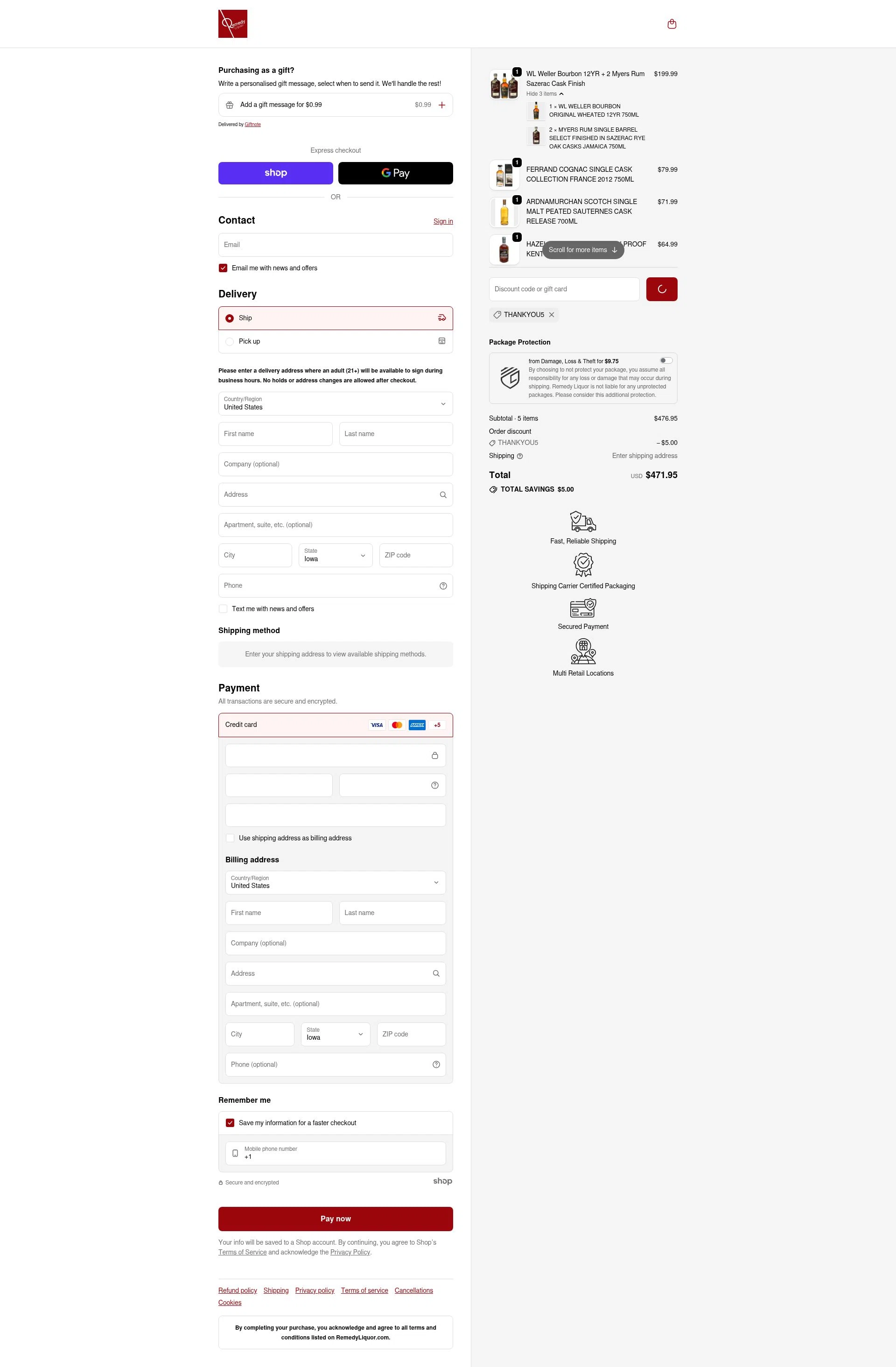 Remedy Liquor checkout page showing Remedy Liquor discount code box | Screenshot taken by SimplyCodes community member on Jan 24, 2026