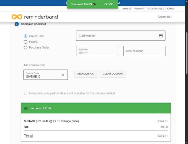 Reminderband checkout page showing Reminderband promo code box | Screenshot taken by SimplyCodes community member on May 19, 2025