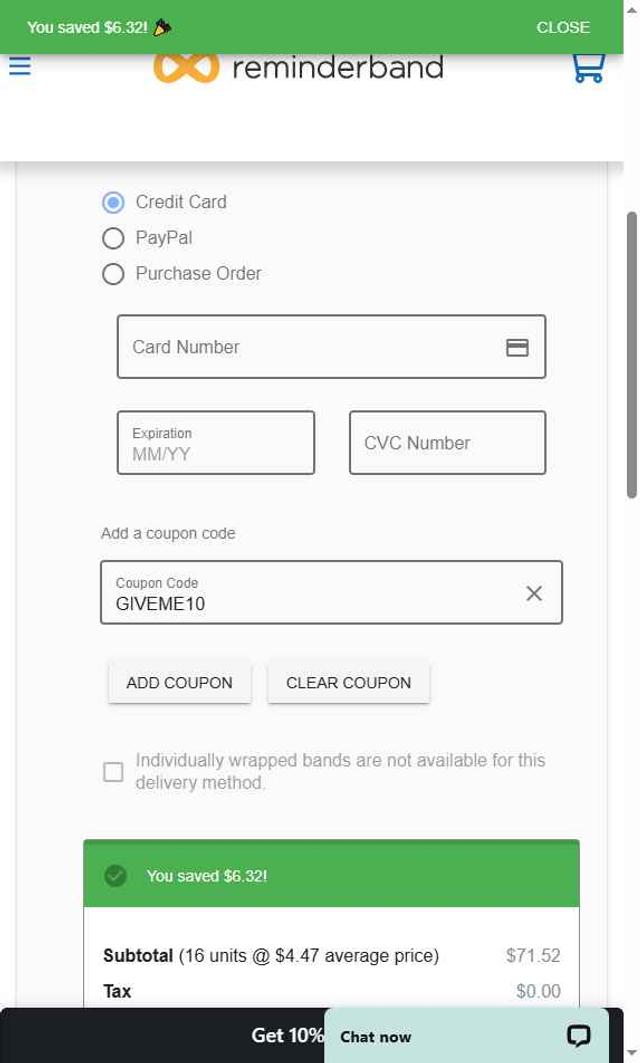 Reminderband checkout page showing Reminderband promo code box | Screenshot taken by SimplyCodes community member on Apr 20, 2025