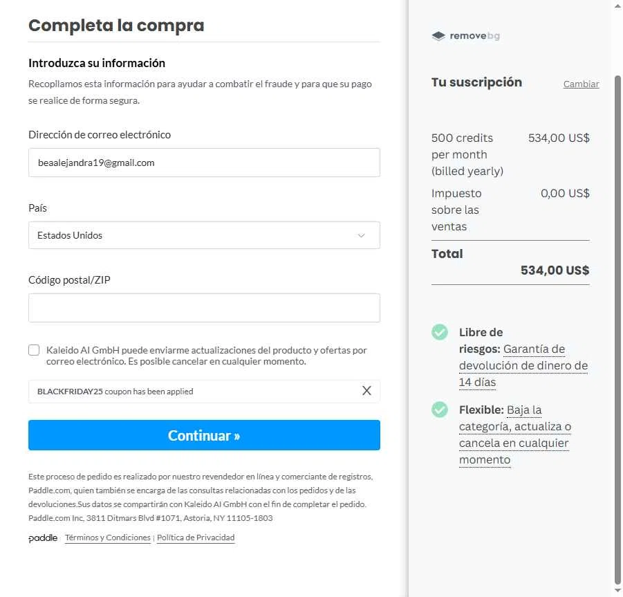Remove.bg checkout page showing Remove.bg promo code box | Screenshot taken by SimplyCodes community member on Nov 19, 2025