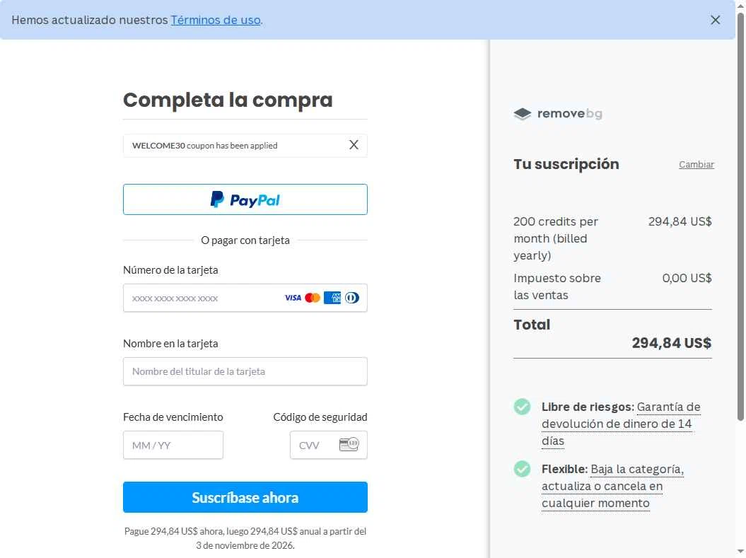 Remove.bg checkout page showing Remove.bg promo code box | Screenshot taken by SimplyCodes community member on Nov 3, 2025