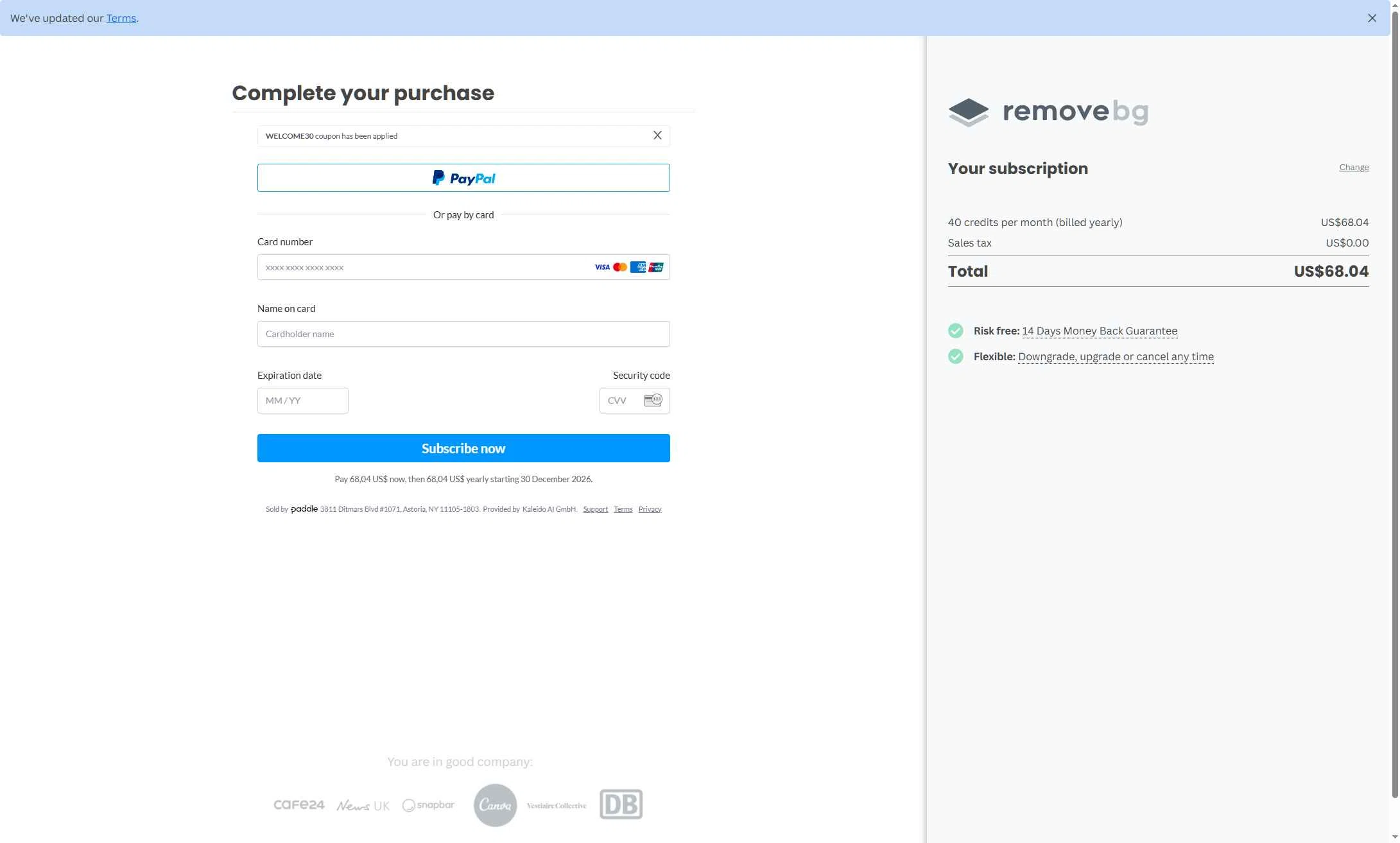 Remove.bg checkout page showing Remove.bg promo code box | Screenshot taken by SimplyCodes community member on Dec 30, 2025
